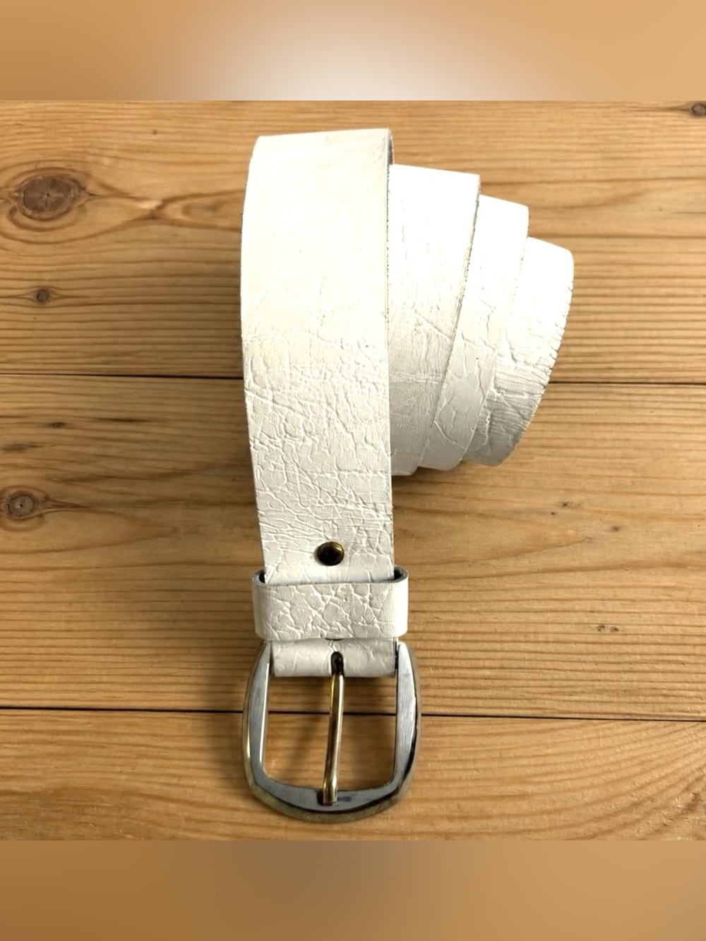 Vintage White Full Grain Cowhide Leather Belt Large 42 44 Wide Two Tone Buckle